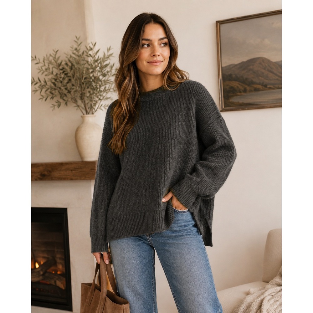 Aerie Sweater Womens Small Charcoal Grey Oversized‎ Ribbed Knit Minimalist